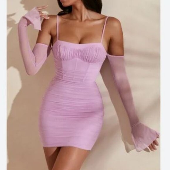 Oh Polly Honor Off The Shoulder Mini Dress Corest Bodycon Ruched Fairy Pastel 4 - Picture 1 of 12